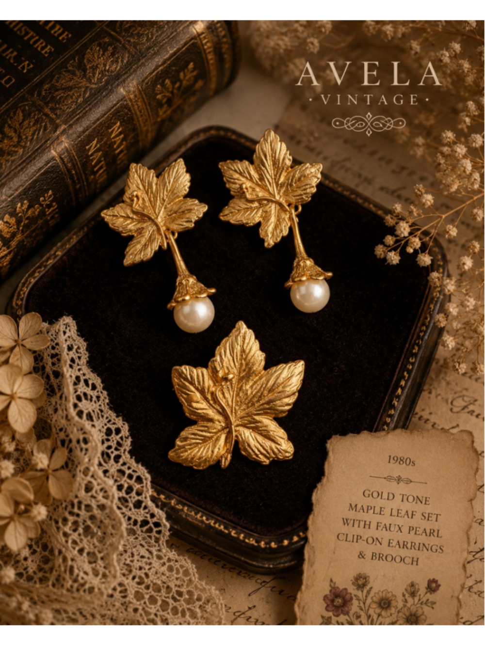Vintage NOS Maple Leaf Brooch & Faux Pearl Clip-On Earrings 1980s